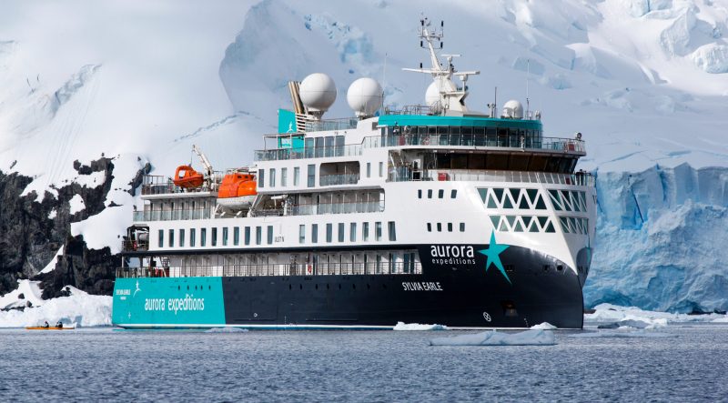 The expedition ship Sylvia Earle, with an inverted X-BOW hull, at anchor in Antarctic waters